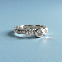 Load image into Gallery viewer, Palau 3mm Old English Flat Ring with Bezel Set Diamonds in 14K White Gold in size 5 3/8 with Old English side engraving
