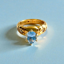 Load image into Gallery viewer, Palau Plumeria Ring with Light Blue Sapphire &amp; Diamonds in 14K Yellow Gold in size 6 1/8
