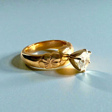 Load image into Gallery viewer, Kuilima Plumeria Ring with 6.4mm Cubic Zirconia in 14K Yellow Gold in size 6 5/8
