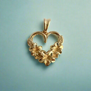 Three Plumeria Heart Pendant in 14K yellow Gold