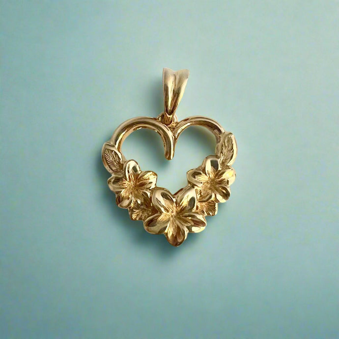 Three Plumeria Heart Pendant in 14K yellow Gold