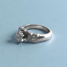 Load image into Gallery viewer, Mauloa Tapered 6mm Hibiscus Ring with 5.4mm Cubic Zirconia in 14K White Gold in size 6 3/4
