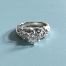 Load image into Gallery viewer, Mauloa Tapered 6mm Hibiscus Ring with 5.4mm Cubic Zirconia in 14K White Gold in size 6 3/4
