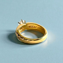 Load image into Gallery viewer, Kaimana Tapered 6mm Long Leaf Maile Ring with 6.4mm Cubic Zirconia &amp; Diamonds in 14K Yellow Gold in size 7
