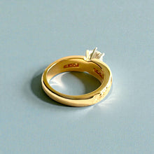 Load image into Gallery viewer, Kaimana Tapered 6mm Plumeria with Leaves Ring with 6.4mm Cubic Zirconia &amp; Diamonds in 14K Yellow Gold in size 6 1/2
