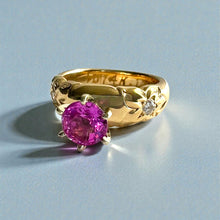 Load image into Gallery viewer, Palau Hibiscus Ring with 1.15ct Pink Sapphire &amp; Diamonds in 14K Yellow Gold in size 5 3/8
