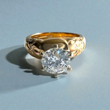 Load image into Gallery viewer, Kuilima Plumeria Ring with 6.4mm Cubic Zirconia in 14K Yellow Gold in size 6 5/8
