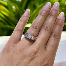 Load image into Gallery viewer, Model wearing Old English &amp; Hibiscus 6mm French Mount Solitaire Ring in .75ct Cubic Zirconia in 14K White Gold in size 6 5/8
