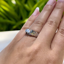 Load image into Gallery viewer, Model wearing Old English &amp; Hibiscus 6mm French Mount Solitaire Ring in .75ct Cubic Zirconia in 14K White Gold in size 6 5/8
