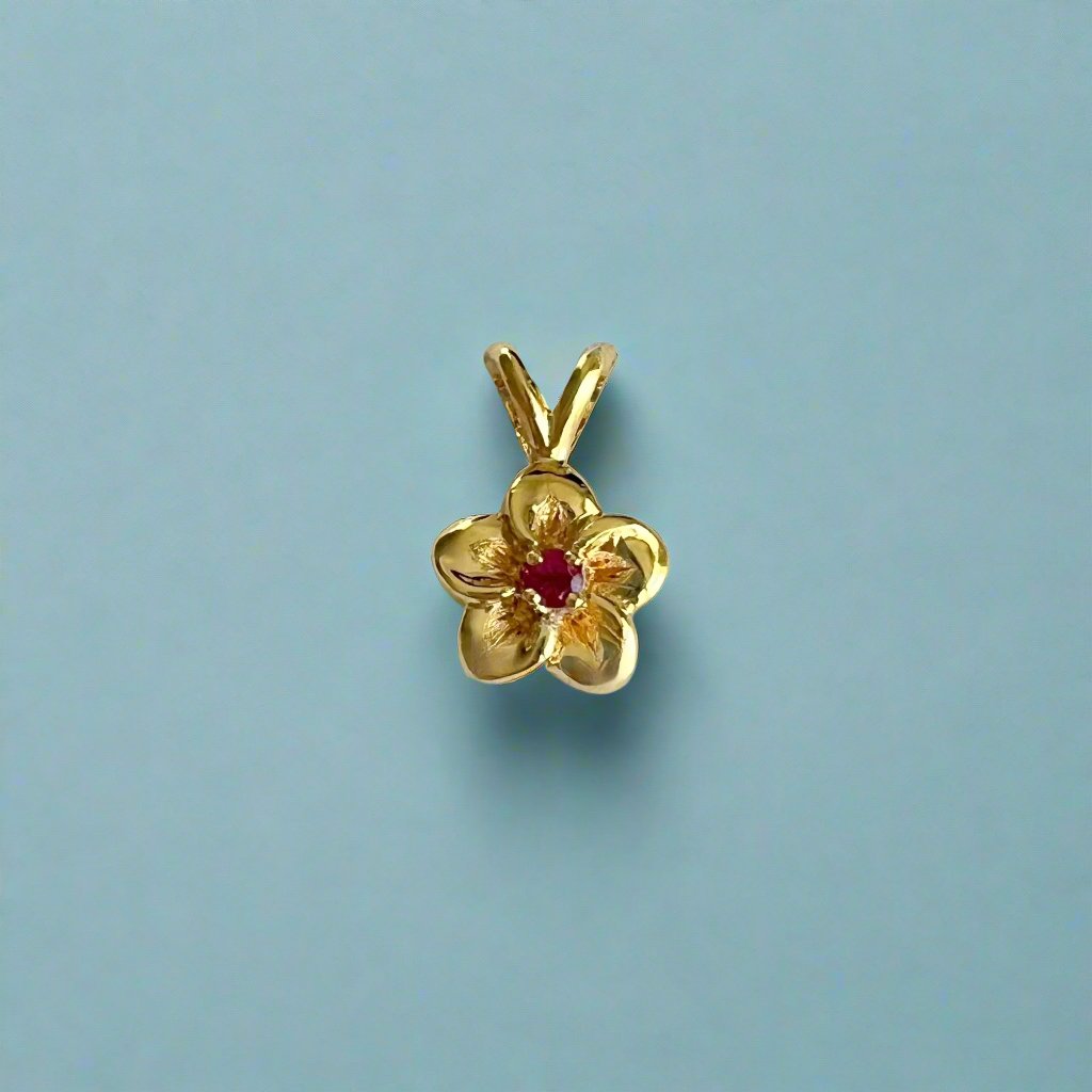 Single Hawaiian Plumeria Pendant w/ Ruby in 18K Yellow Gold