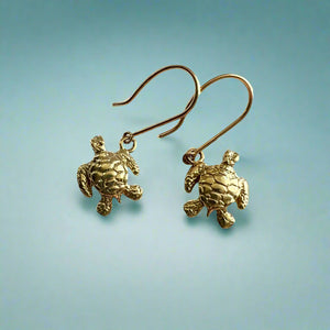 Baby Turtle Dangle Earrings in 14K Green Gold