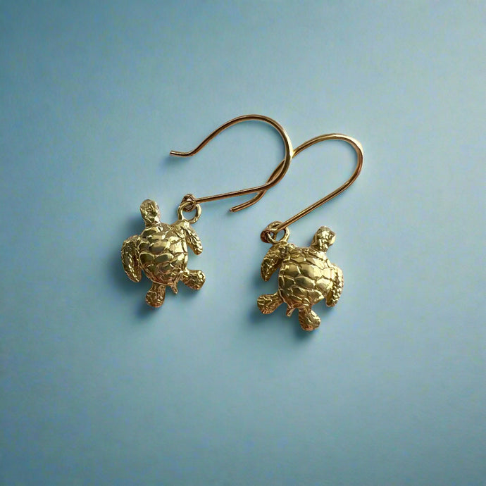 Baby Turtle Dangle Earrings in 14K Green Gold