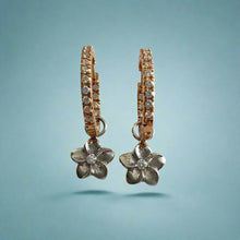Load image into Gallery viewer, Round Hoop Plumeria Dangle Earrings with Diamonds in 18K Gold
