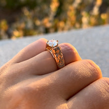 Load image into Gallery viewer, Old English &amp; Hibiscus 6mm Tapered French Mount Solitaire Ring with 1ct Cubic Zirconia in 14K Pink Gold in size 5 3/4
