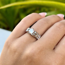 Load image into Gallery viewer, Deep Cut Maile &amp; Plumerias Solitaire Ring with Cubic Zirconia &amp; Diamonds in 14K White Gold in size 7
