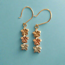 Load image into Gallery viewer, Tri-Color Three Baby Plumerias Dangle Earrings in 14K Gold
