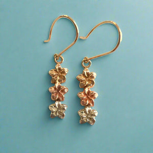 Tri-Color Three Baby Plumerias Dangle Earrings in 14K Gold