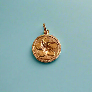 Round Initial "R" with Flower on Reverse Charm in 14K Pink Gold