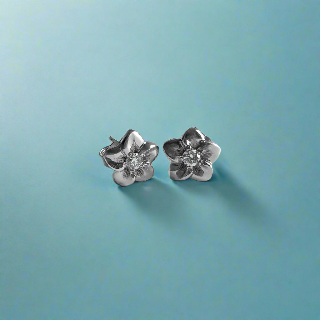 Small Plumeria Pierced Earrings with Diamonds in 14K White Gold