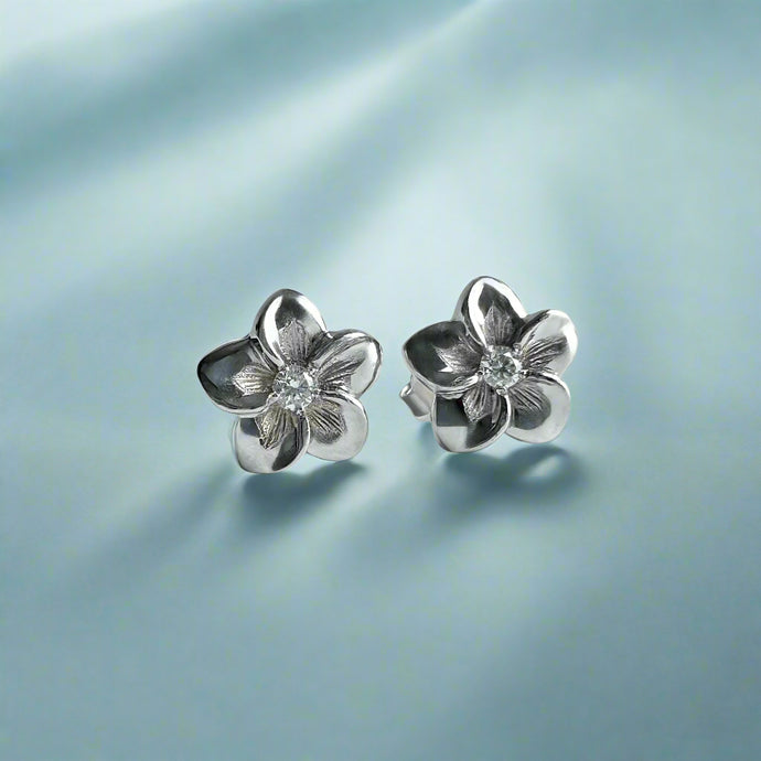 Large Hawaiian Plumeria Diamond Earrings in 14K White Gold