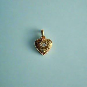 Small Heart Pendant with Scrolls & Diamond in 14K Yellow Gold