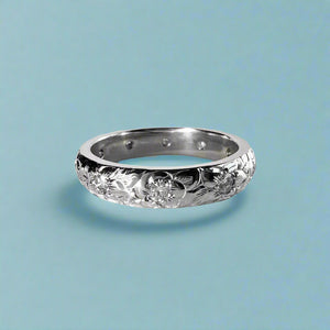 Hibiscus & Plumeria with Leaves & Diamonds 4mm Ring in 14K White Gold