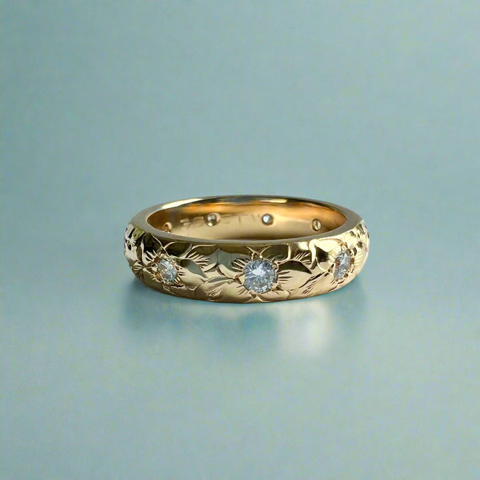 Hibiscus with Leaves & Diamonds 4mm Ring in 14K Yellow Gold