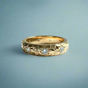 Hibiscus with Leaves & Diamonds 4mm Ring in 14K Yellow Gold