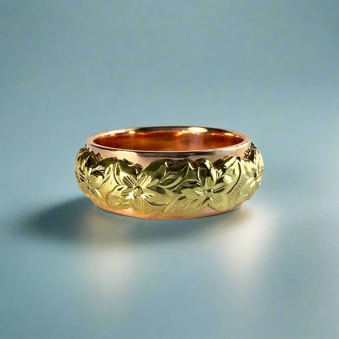 Two-Tone Scalloped Top Hibiscus w/ Leaves All Around 8mm Ring in 14K Pink & Green Gold