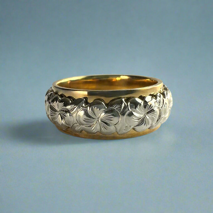 Two-Tone Scalloped Top Plumeria with Leaves All Around 8mm Ring in 14K Green & White Gold
