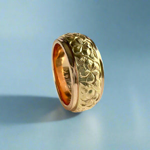 Two-Tone Plumeria with Leaves 8mm Ring in 14K Pink & Yellow Gold Size 6 5/8