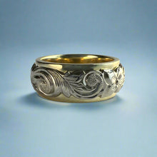 Load image into Gallery viewer, Two-Tone Scalloped Top Old English &amp; Hibiscus 8mm Ring in 14K Green &amp; White Gold
