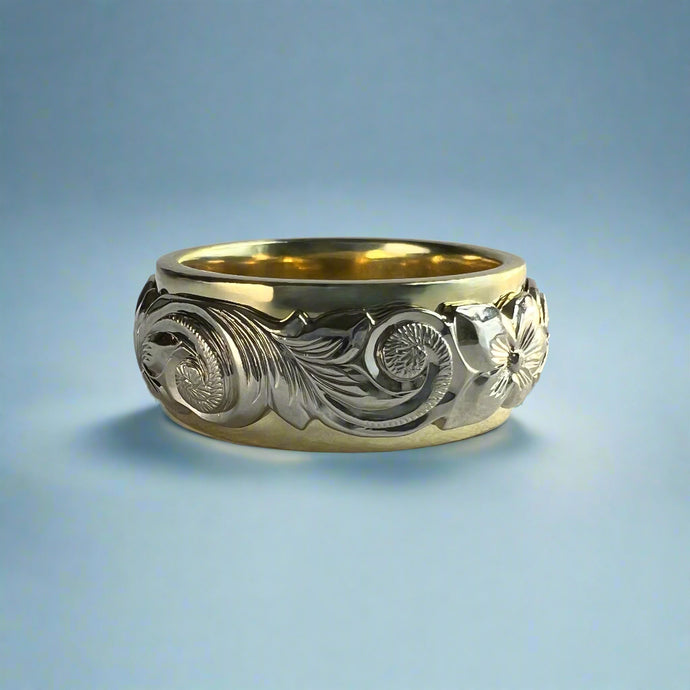 Two-Tone Scalloped Top Old English & Hibiscus 8mm Ring in 14K Green & White Gold