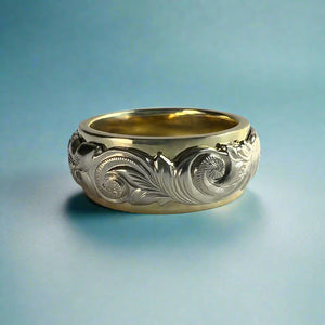 Two-Tone Scalloped Top Old English & Hibiscus 8mm Ring in 14K Green & White Gold