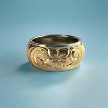 Load image into Gallery viewer, Two-Tone Scalloped Top Hibiscus &amp; Old English 10mm Ring in 14K Yellow &amp; White Gold
