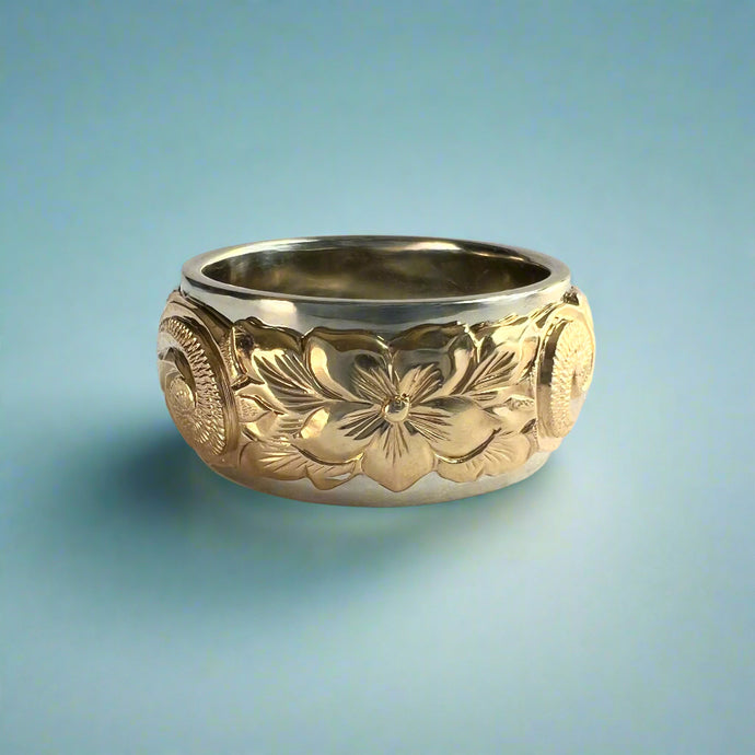 Two-Tone Scalloped Top Hibiscus & Old English 10mm Ring in 14K Yellow & White Gold