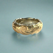 Load image into Gallery viewer, Two-Tone Scalloped Top &amp; Border Old English &amp; Hibiscus 8mm Ring in 14K White &amp; Yellow Gold
