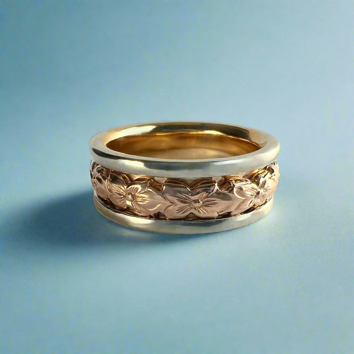 Spinning Center Tri-Color Scalloped Hibiscus 8mm Ring in 14K Gold