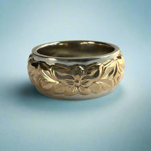 Load image into Gallery viewer, Two-Tone Scalloped Top Shiny Maile &amp; Hibiscus 8mm Ring in 14K White &amp; Yellow Gold
