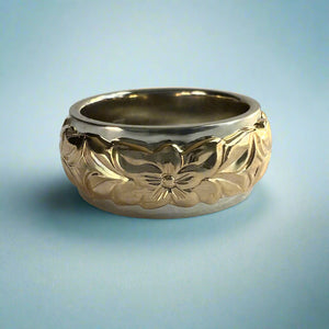 Two-Tone Scalloped Top Shiny Maile & Hibiscus 8mm Ring in 14K White & Yellow Gold