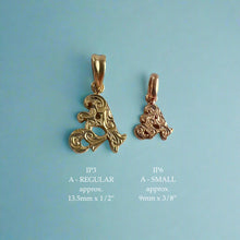 Load image into Gallery viewer, Regular and Small Scrolled Initial A Pendants in 14K Gold
