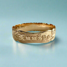 Load image into Gallery viewer, Scalloped 18mm Deep Cut Old English &amp; Plumerias Raised &quot;Kuuipo&quot; Hawaiian Bangle Bracelet in 14K Yellow Gold

