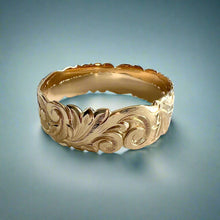 Load image into Gallery viewer, Scalloped 18mm Deep Cut Old English &amp; Plumerias Raised &quot;Kuuipo&quot; Hawaiian Bangle Bracelet in 14K Yellow Gold
