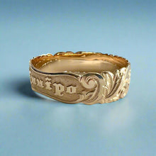 Load image into Gallery viewer, Scalloped 18mm Deep Cut Old English &amp; Plumerias Raised &quot;Kuuipo&quot; Hawaiian Bangle Bracelet in 14K Yellow Gold
