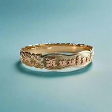 Load image into Gallery viewer, Scalloped Tri-Color Deep Cut Maile &amp; Plumeria 12mm &quot;Kuuipo&quot; Kalakoa Hawaiian Bangle Bracelet in 14K Gold
