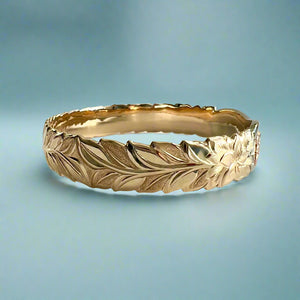 Scalloped Tri-Color Deep Cut Maile & Plumeria 12mm "Kuuipo" Kalakoa Hawaiian Bangle Bracelet in 14K Gold