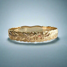 Load image into Gallery viewer, Scalloped Tri-Color Deep Cut Maile &amp; Plumeria 12mm &quot;Kuuipo&quot; Kalakoa Hawaiian Bangle Bracelet in 14K Gold
