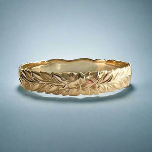 Scalloped Tri-Color Deep Cut Maile & Plumeria 12mm "Kuuipo" Kalakoa Hawaiian Bangle Bracelet in 14K Gold