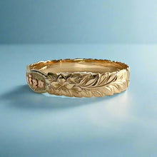 Load image into Gallery viewer, Scalloped Tri-Color Deep Cut Maile &amp; Plumeria 12mm &quot;Kuuipo&quot; Kalakoa Hawaiian Bangle Bracelet in 14K Gold
