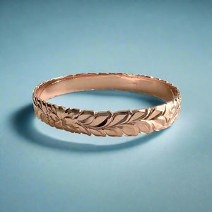 Scalloped Shiny Maile, Plumeria & Hibiscus 10mm Hawaiian Bangle Bracelet in 14K Pink Gold